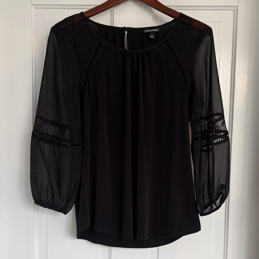 Roz & Ali Black Lace-Inset Sheer Sleeve Blouse - Picture 1 of 6